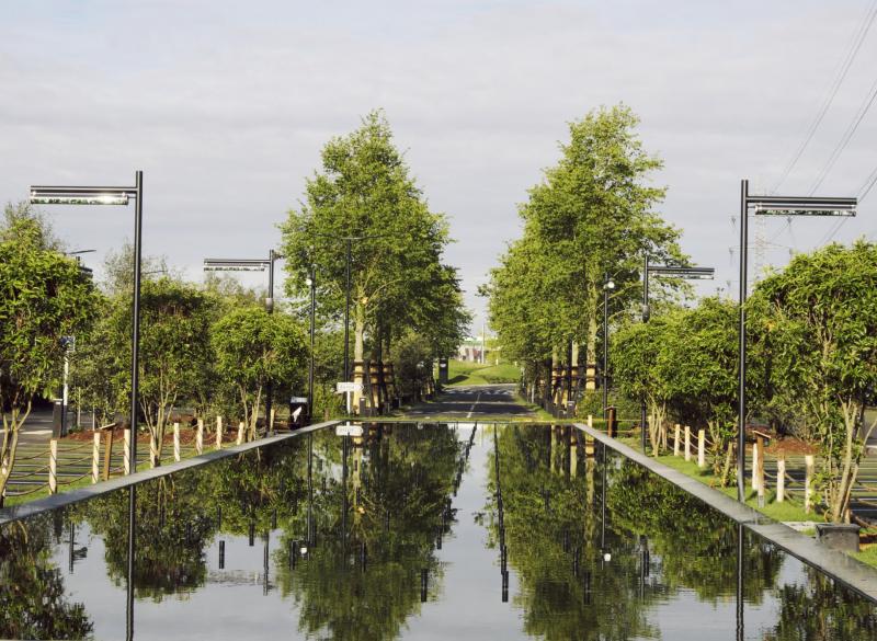 The central basin in alignment with the entrance road